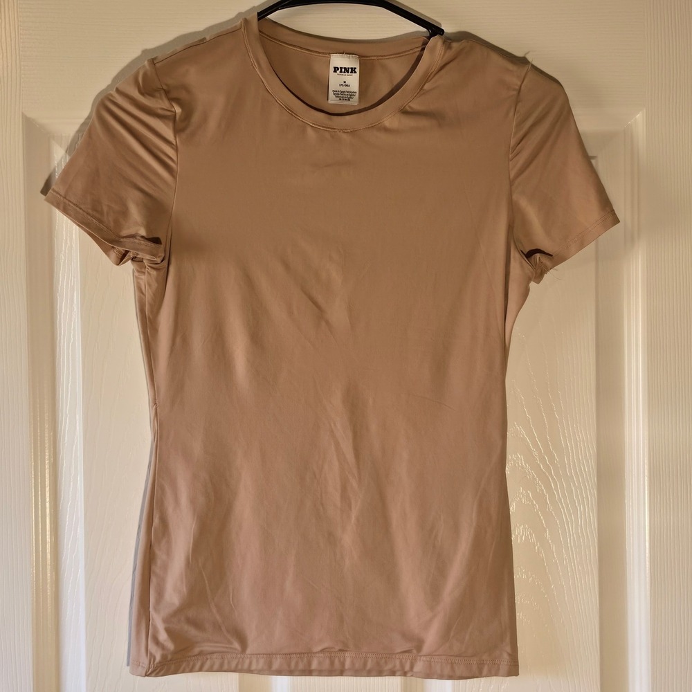 VS PINK Nude Beige Fitted Short Sleeve Medium Back Script Logo Base Layer